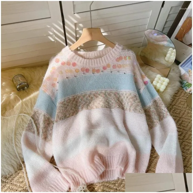 Women`s Sweaters Gentle Wind Contrast Color Round Neck Soft Glutinous Sweater Autumn And Winter Women`s Lazy Style Long-sleeved