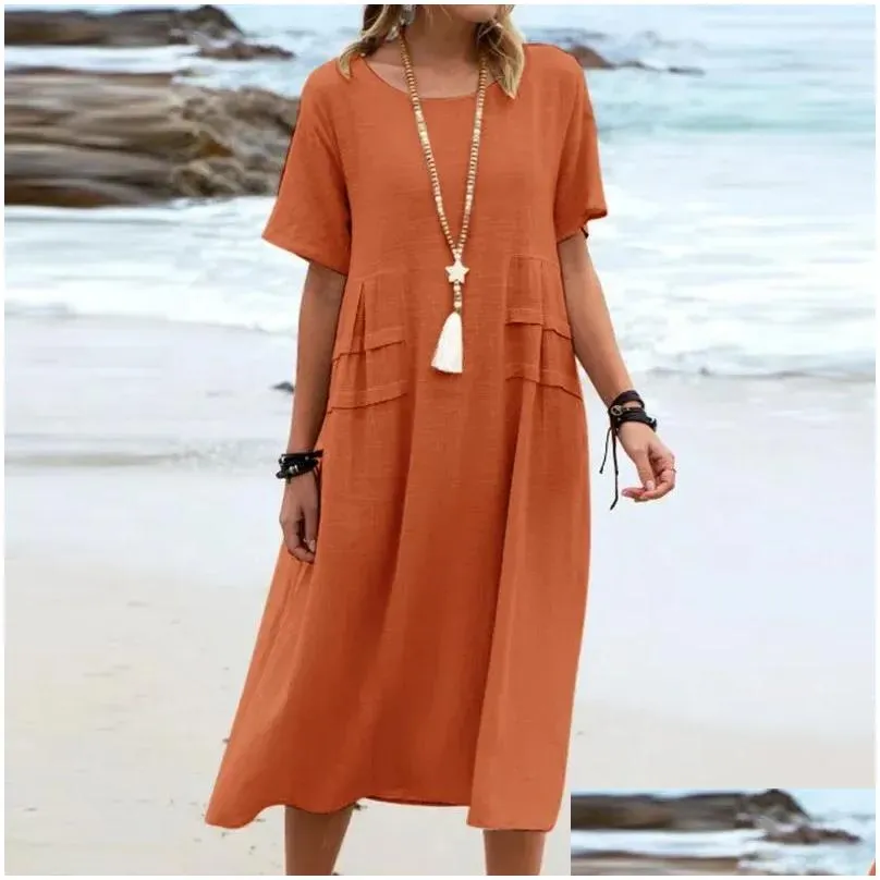 Dress 2024 Summer Cotton Linen Women Long Dress Black Aline Elegant Dresses Female Trendy Fashion Casual Loose Clothes Ladies