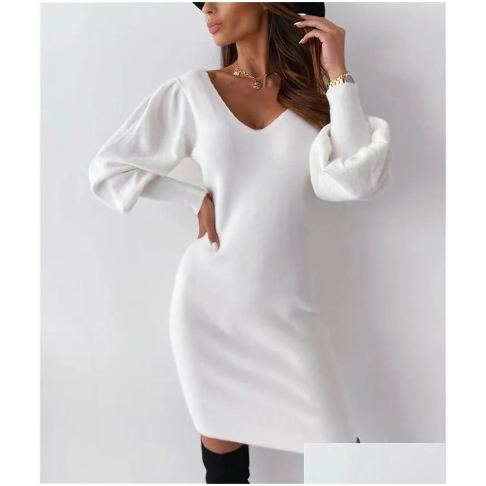 Basic & Casual Dresses S-3Xl Plus Size Women Autumn Winter Dress Female Long Sleevey Hollowed-Out Lace V-Neck Waist - Tight Lady Styl Dhtca