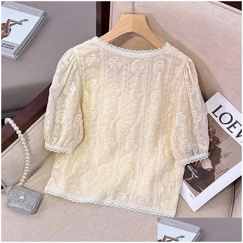 plus Size L-4XL Sweet Beautiful Shirts And Blouse Women Summer Short Sleeve Lace Tops Female Free Ship Clothing 2024 New N6Ly#