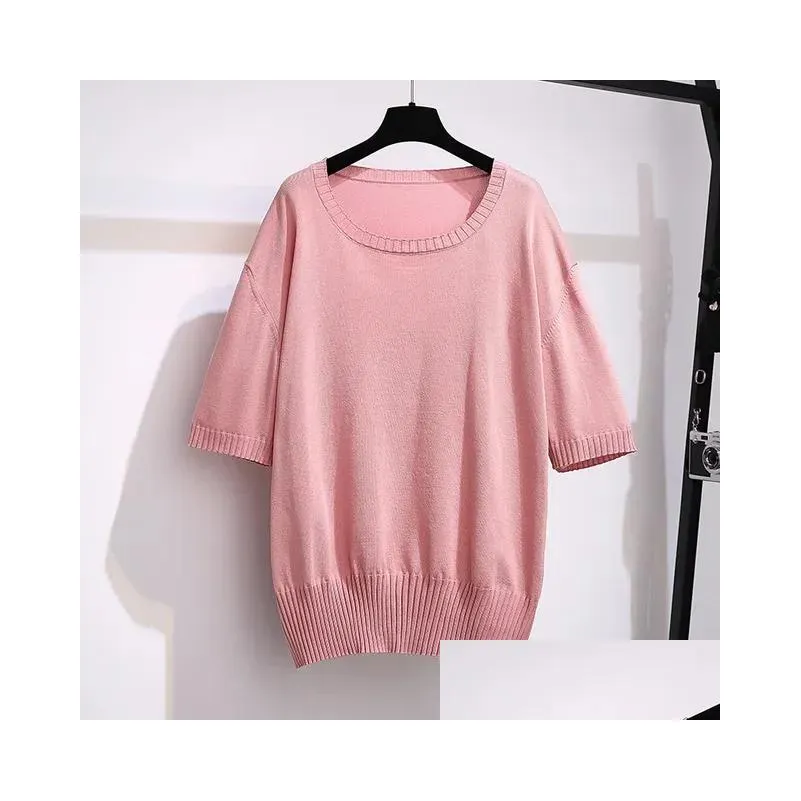 170kg Plus Size Women`s Summer Ice Silk Knitted Top Bust 160cm 5XL 6XL 7XL 8XL 9XL 10XL Loose Short-Sleeved Thin Shirt 4 Colors V4yT#