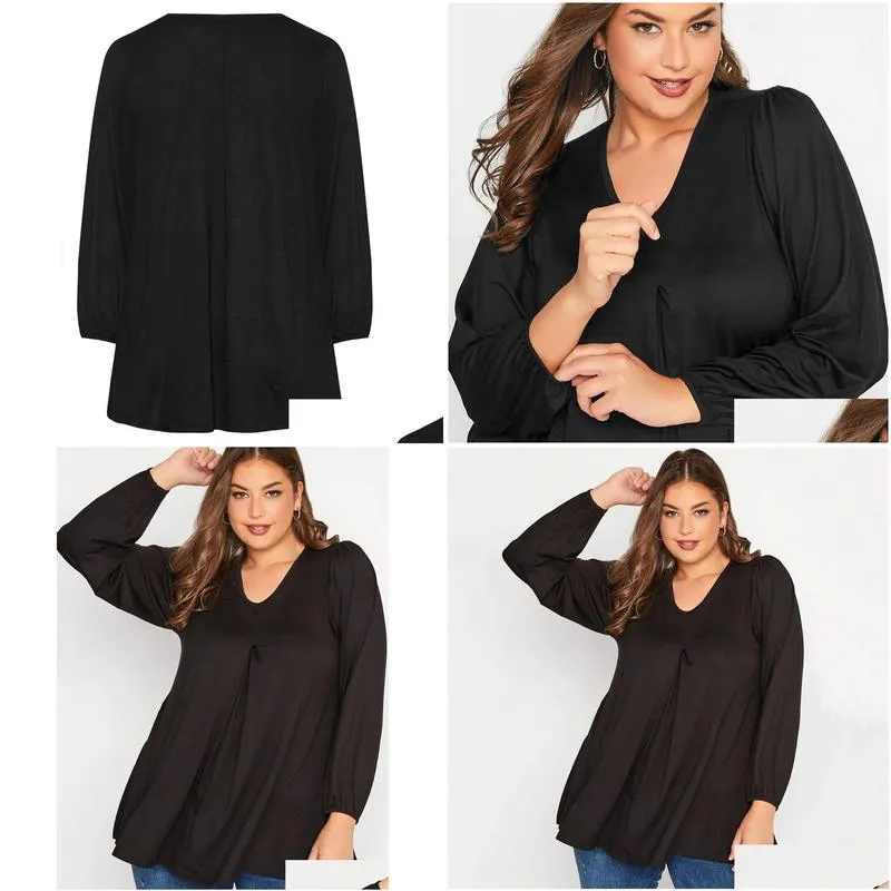 Tops Plus Size Long Sleeve Spring Autumn Elegant Swing Top Women Pleated Front Loose Black Tunic Large Size Casual Blouse 6XL 7XL 8XL