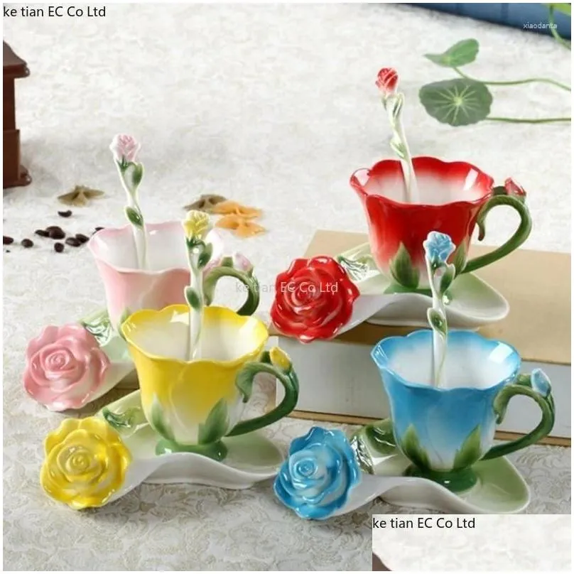 Mugs European Creative Pastoral Style Ceramic Coffee Cups Enamel Rose Cup And Saucer Set Elegant Wedding Birthday Gift