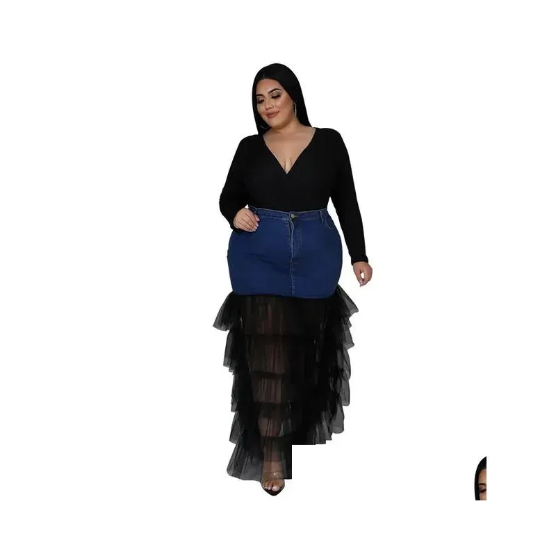 wmstar Plus Size Only Skirts Women`s Clothing Denim Maxi With Mesh Patchwork Sexy Medium Stretch Wholesale Dropship 2022 Z1rY#