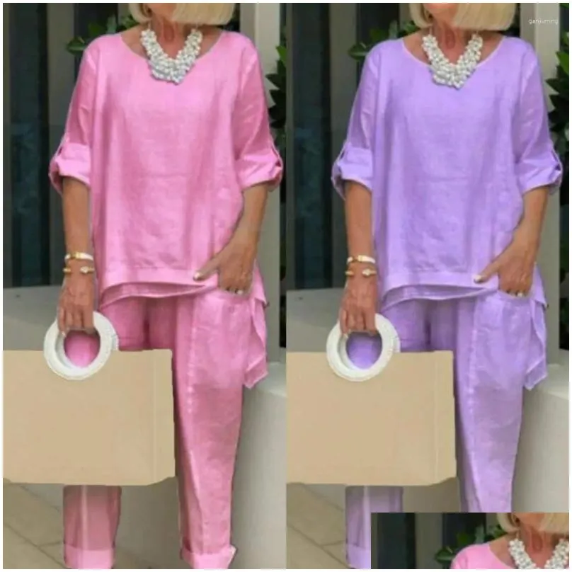 Women`S Two Piece Pants Womens 1 Set Round Neck T-Shirt Pure Color Work Outfit Drop Delivery Apparel Clothing Sets Otolq