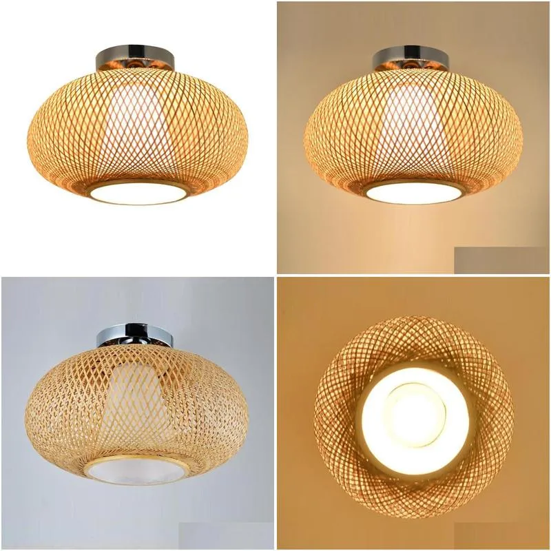 Ceiling Lights 32/40/50Cm Bamboo Wicker Rattan Round Woven Lighting Fixture Natural Japanese Country Vintage F Mount Plafon Lamp Drop Dhf28