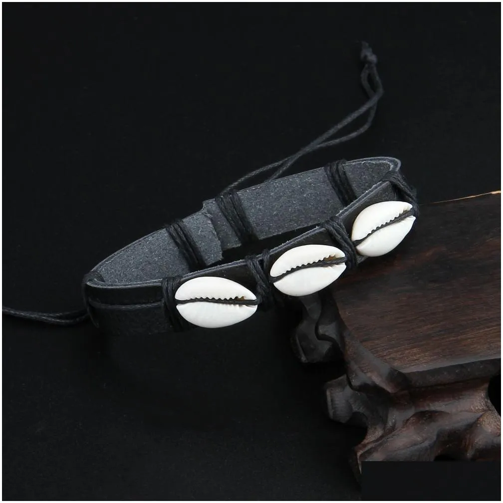 adjustable shell charms bracelets handmade leather braided hand waist wrap for women men jewelry beads bangle black fashion