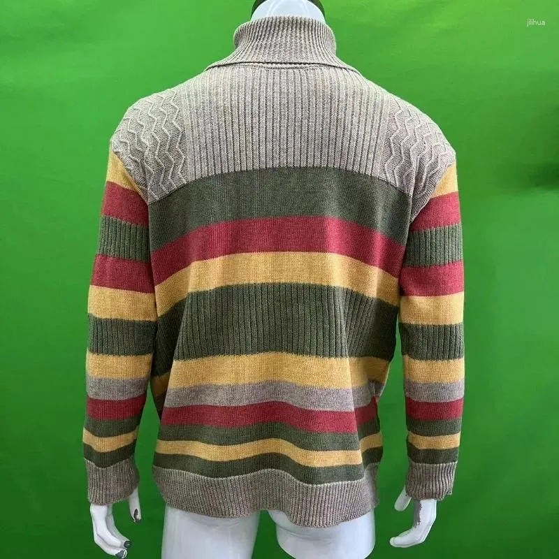 Men`s Sweaters Long Sleeve Fashion Turtleneck Men Autumn Vintage Striped Jacquard Knitted Tops Mens Sweater Casual Loose Knit Pullover