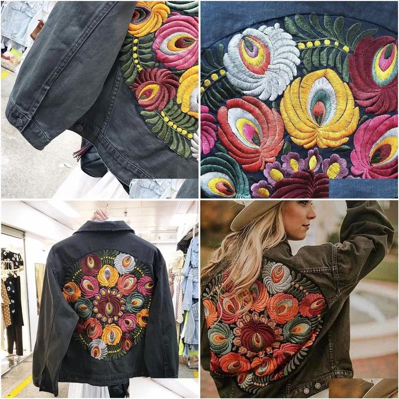 Women`s Jackets JSXDHK Streetwear Floral Embroidery Denim Jacket Coat Vintage Women Spring Autumn Turn Down Collar Loose Casual  Outwear