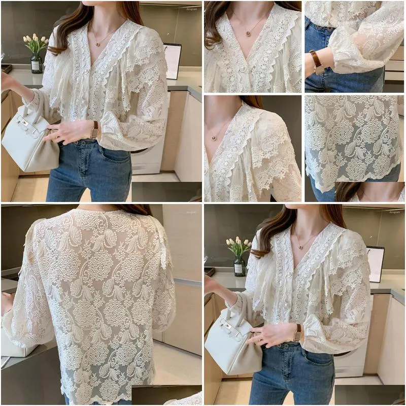 Women`s Blouses Autumn 2022 Fashion Blusas Elegantes Female V-neck Long-sleeved Lace Hook Hollow Shirts Beading Flare Sleeve Drop 1133