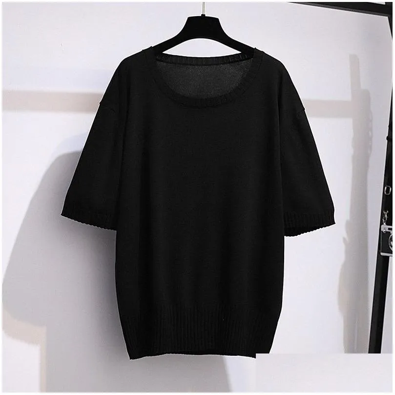 170kg Plus Size Women`s Summer Ice Silk Knitted Top Bust 160cm 5XL 6XL 7XL 8XL 9XL 10XL Loose Short-Sleeved Thin Shirt 4 Colors V4yT#