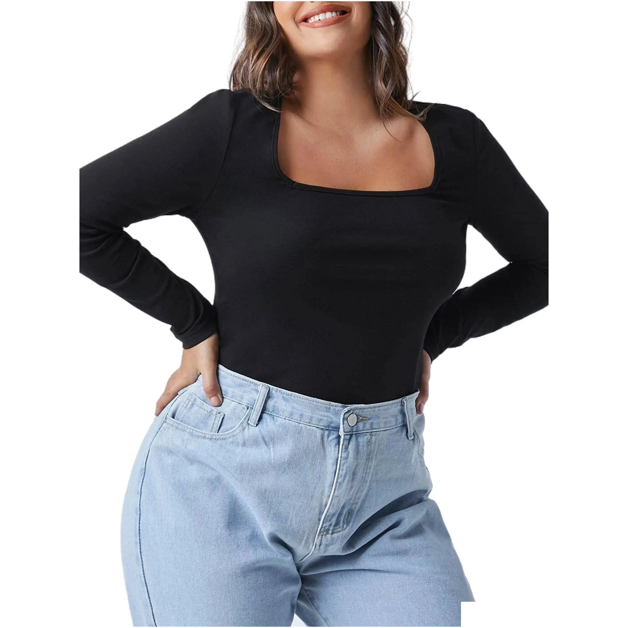 plus Size Elegant Fi Spring Autumn Lg Sleeve Blouse Women Black Square Neck Casual T-Shirt Female Large Size Tops 6XL 7XL X89B#