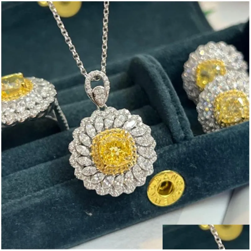 Tennis, Graduated Flower Topaz Diamond Jewelry Set Necklaces 925 Sterling Sier Engagement Wedding Rings Earrings Necklace For Women Br Dhg3N