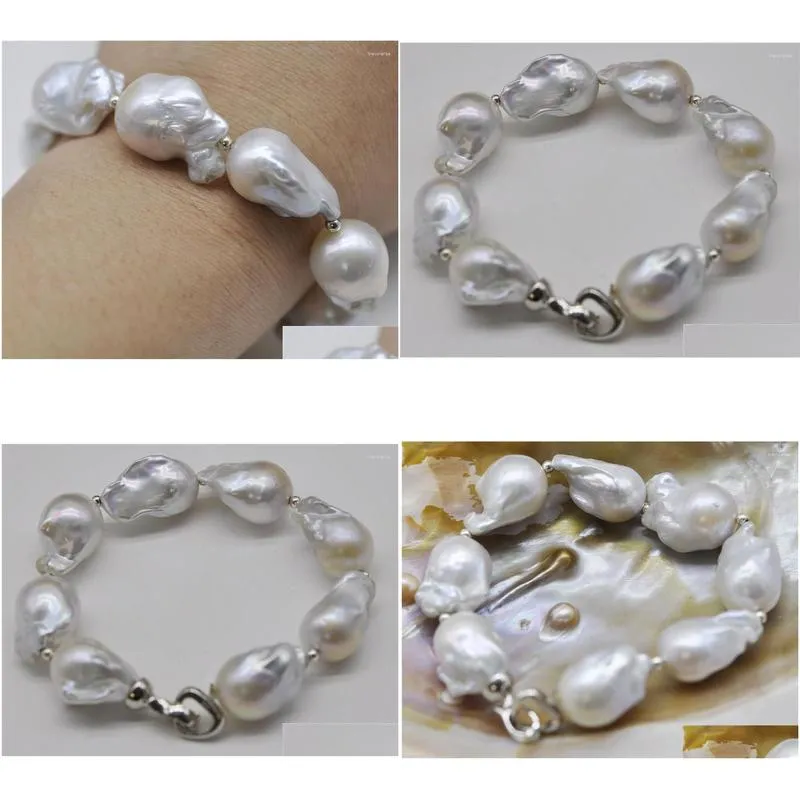 Strand HABITOO S925 Sterling Silver Natural White Baroque Big 15-25mm Pearl Bracelet Bangle Jewelry Bracelets For Women Gift