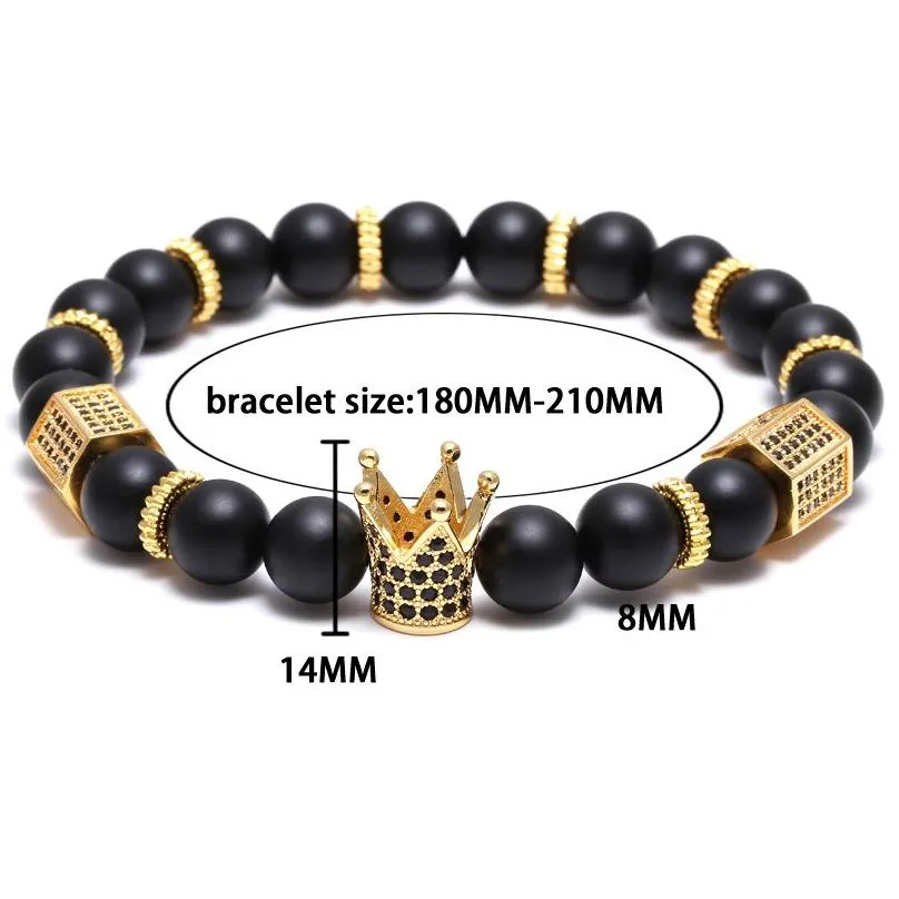 bracelet Pave Black CZ Zirconia Gold King Crown Charm Bracelet Men Stone Bead Bracelet valentine mens jewelry handmade241I