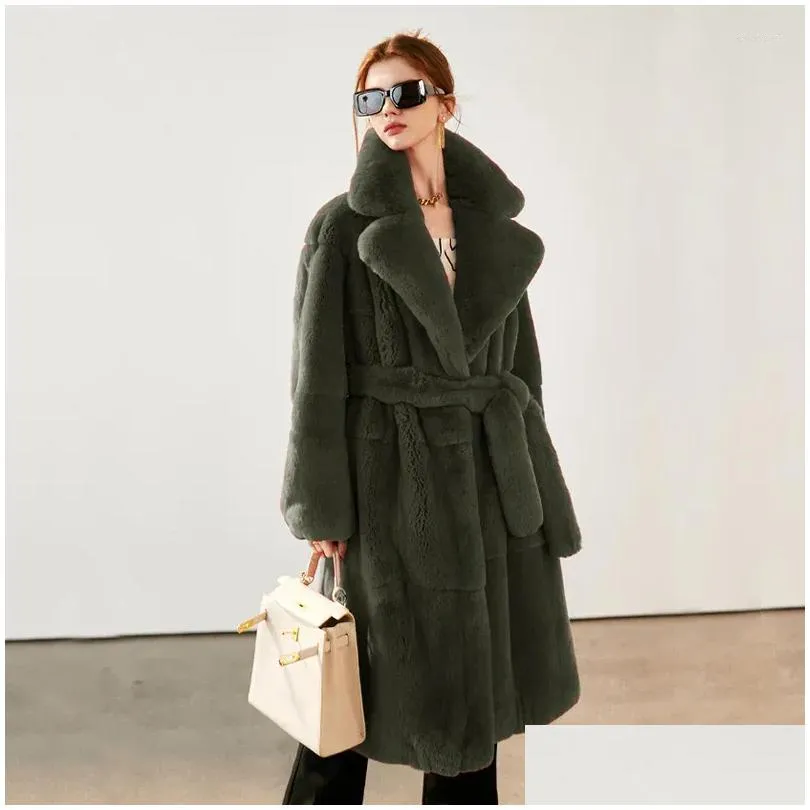 Women`s Fur Winter Faux Coat Women Warm Long Coats Fluffy Suit Collar Lace-up Chic Robe Solid Cardigan Jackets Sleeve