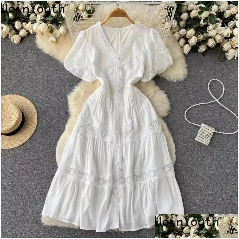 Casual Dresses Summer Dress For Women Sleeve V-neck Tunic Roe Femme Vintage Hollow Out A-line White 2024 Vestidos De Mujer