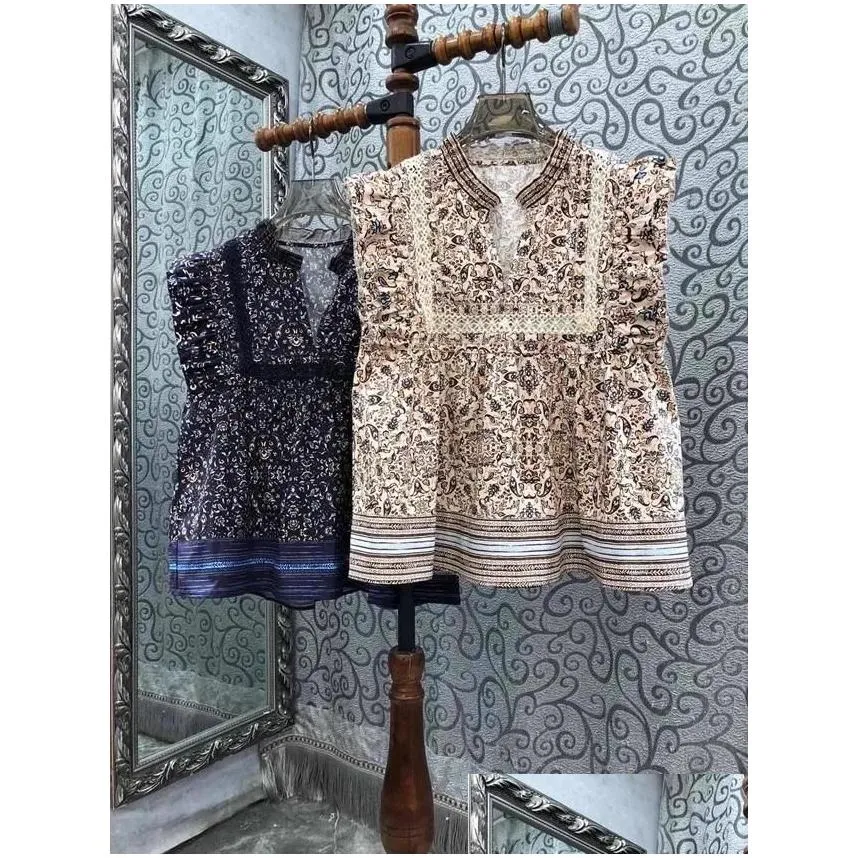 Women`s Blouses Vintage Print 2024 Spring Summer High Quality Design Women V-Neck Flower Patterns Sleeveless Dark Blue Apricot Tops