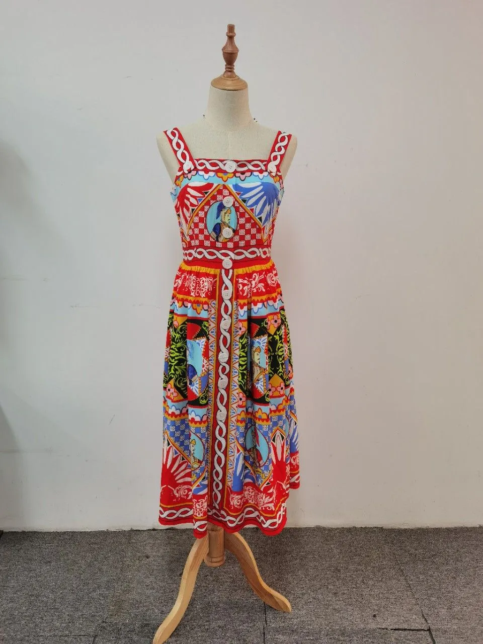 Women`s Runway Dresses Spaghetti Straps Printed Ruffles Buttons Detailing Hidden Zipper Elegant Autumn Dress Vestidos