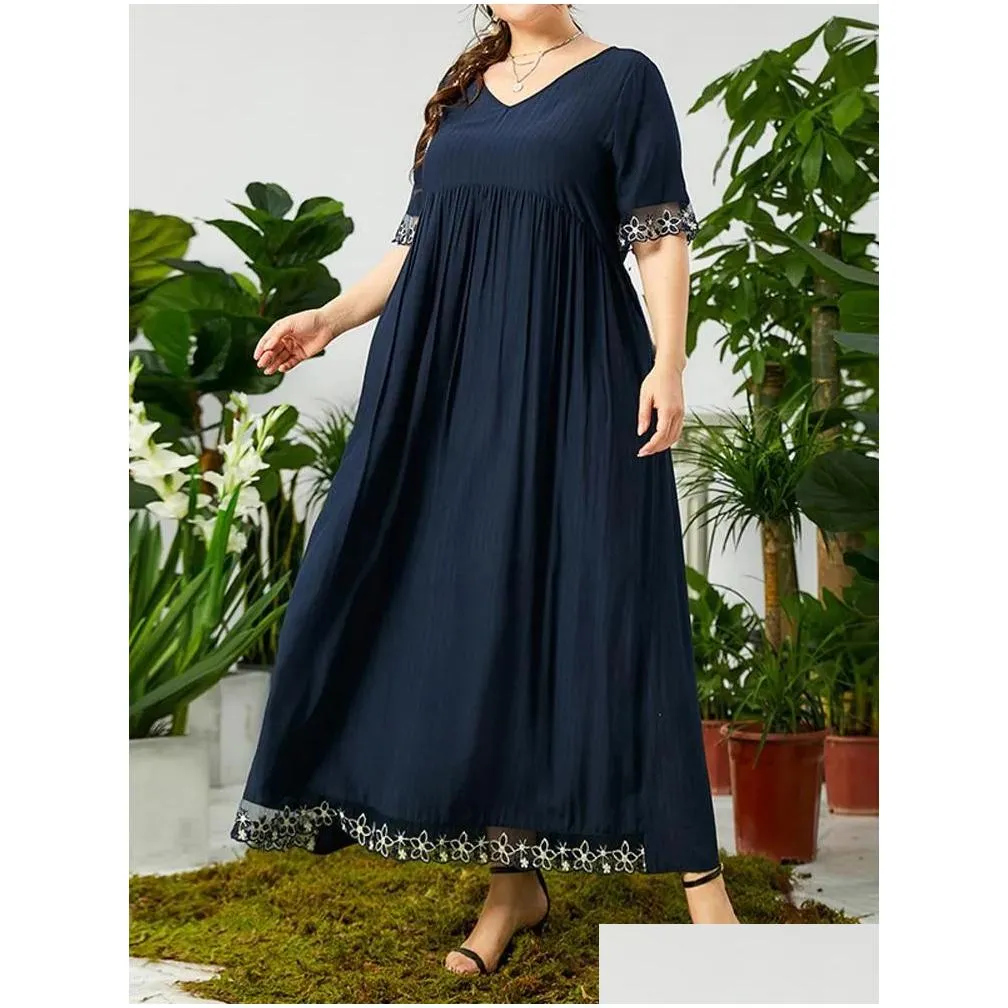 Plus Size Dresses Loose Summer Woman 2022 V Neck Short Sleeve Embroidery Floral Patchwork Elegant Maxi Long Dressplus Drop Delivery Ap