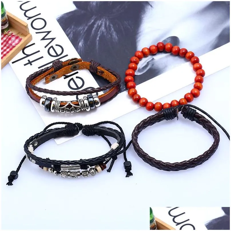 vintage punk bracelets fashion alloy genuine leather bangles men leaf beads strands for jewelry multilayer braided wrap charm bracelet