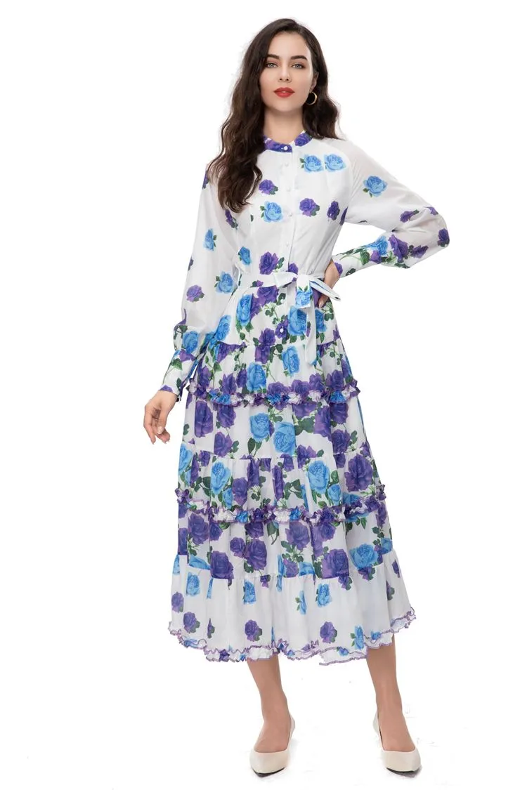 Women`s Runway Dresses O Neck Long Sleeves Floral Printed Sash Belt Fashion Designer Vestidos