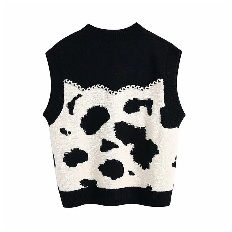 Evfer Women Spring Fashion Knitted Cow Print Za Cardigans Vest Female Casual Sleeveless V-Neck Single Breasted Loose Sweaters 210421