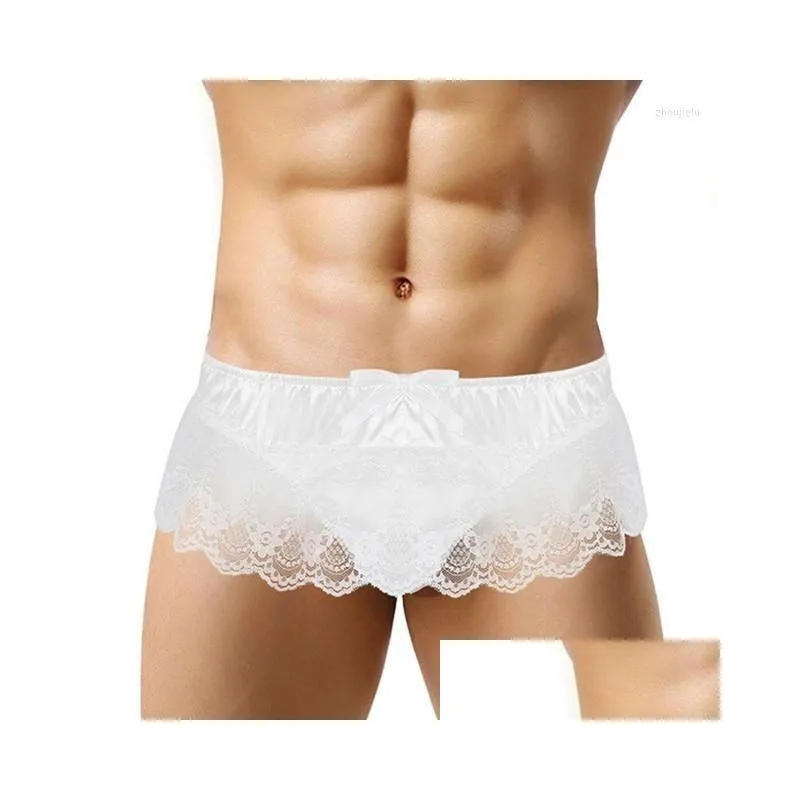 Underpants Gay Men Lace G-String Sissy Skirt T-Back Tong Ruffle Erotic Lingerie Pouch Panties Y Satin Briefs Underwear Wear A50 Drop Otdab