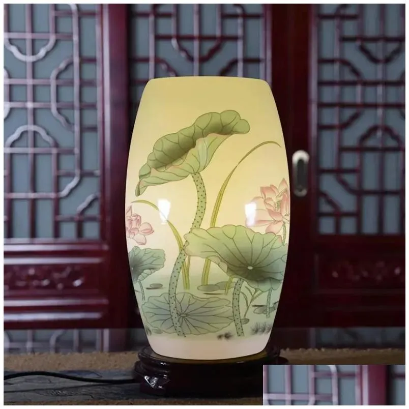 Table Lamps Vintage Ceramic Lamp Lotus Leaf Painting Wooden Base Living Room Bedroom Bedside Light Night Art Decoraiton Drop Delivery Dhnl8