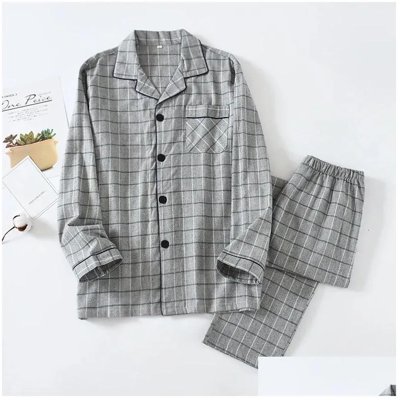 Men`S Sleepwear Mens Spring And Autumn Plaid Pajamas Cotton Flannel Home Service Large Size Long-Sleeved Trousers Soft Suit Sleep Wea Dhtdm