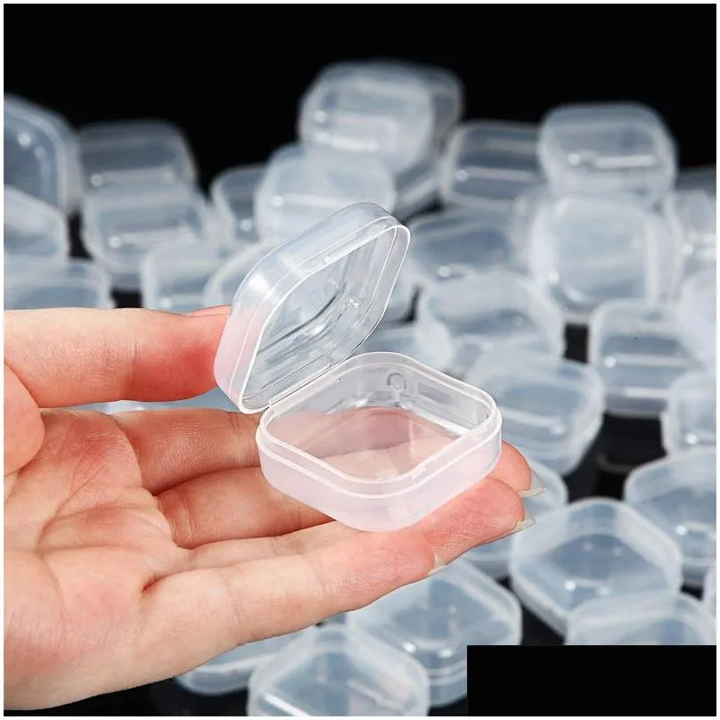 Jewelry Boxes 100Pcs Small Square Transparent Plastic Box Storage Case Finishing Container Packaging For Earrings Drop Delivery Dh8Vt