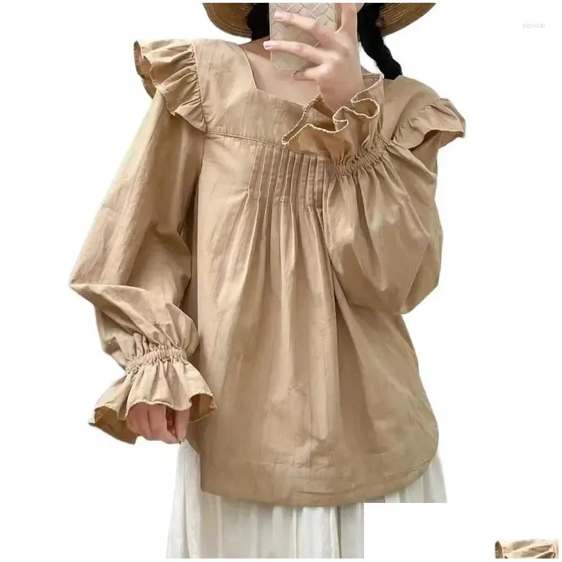 Women`s Blouses Spring Cotton Linen Shirt Women Square Collar Top Girl Lantern Sleeve Ruffled Edge Sweet Loose 2024 Autumn T432106QC