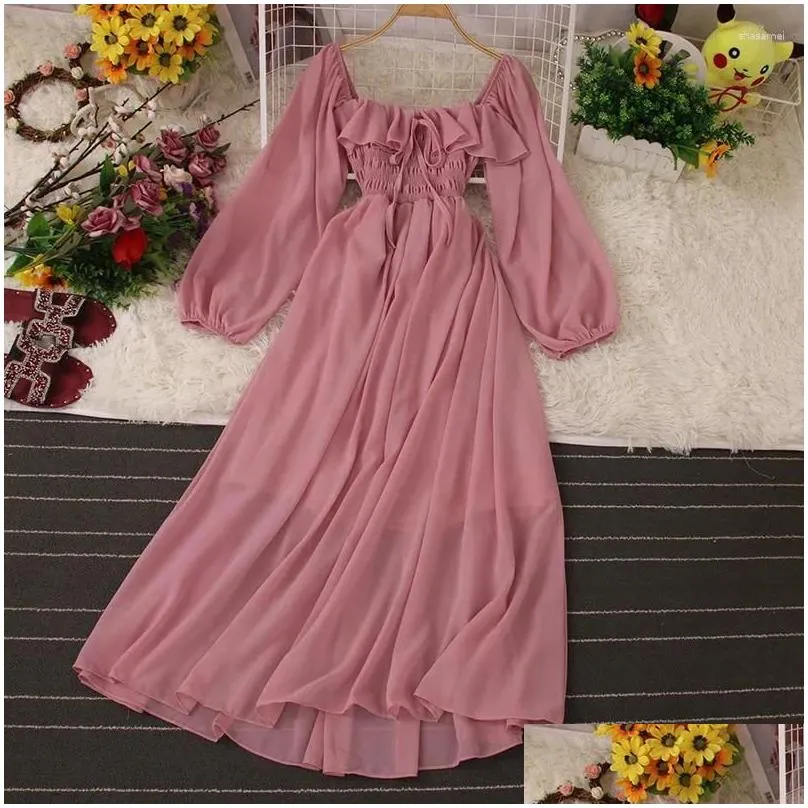 Casual Dresses Spring Autumn Puffles Seaside Holiday Beach Dress Women Elegant Large Hem Chiffon Lady High Waist Tie Bow Long Vestido