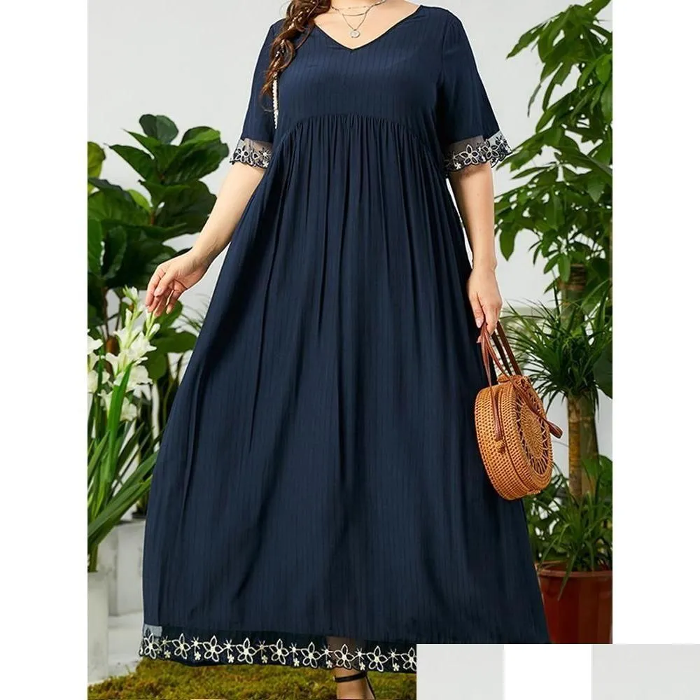 Plus Size Dresses Loose Summer Woman 2022 V Neck Short Sleeve Embroidery Floral Patchwork Elegant Maxi Long Dressplus Drop Delivery Ap