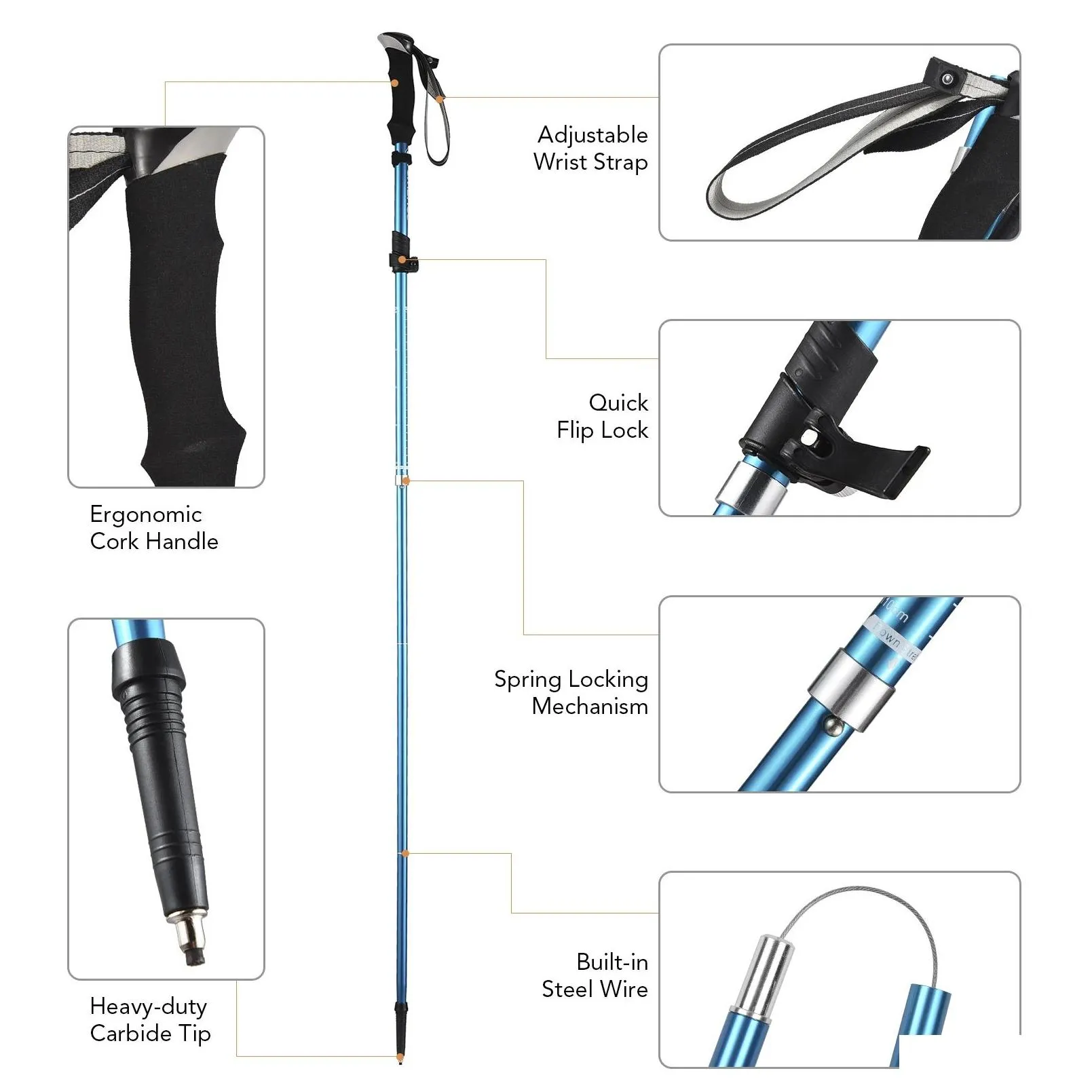 Sticks Tomshoo Trekking Pole Lightweight Collapsible Trekking Poles Fivefold Walking Stick for Hiking Camping Trekking Accessories