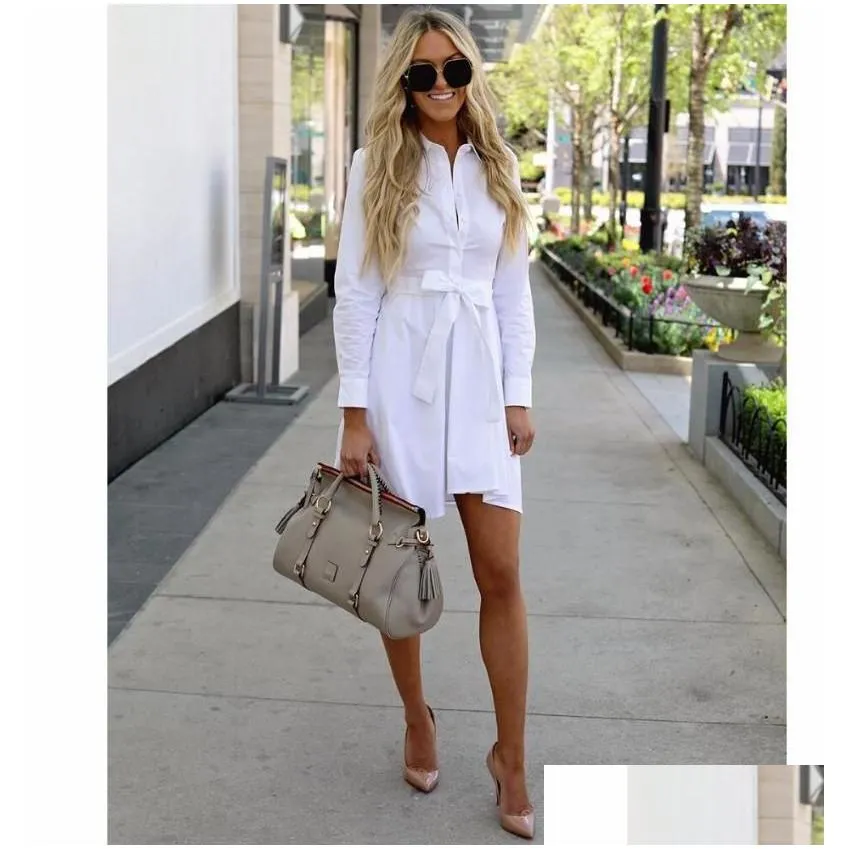 Women White Long Sleeve Shirt A-line Dress Summer Elegant Woman Bloues Clothing Fashion