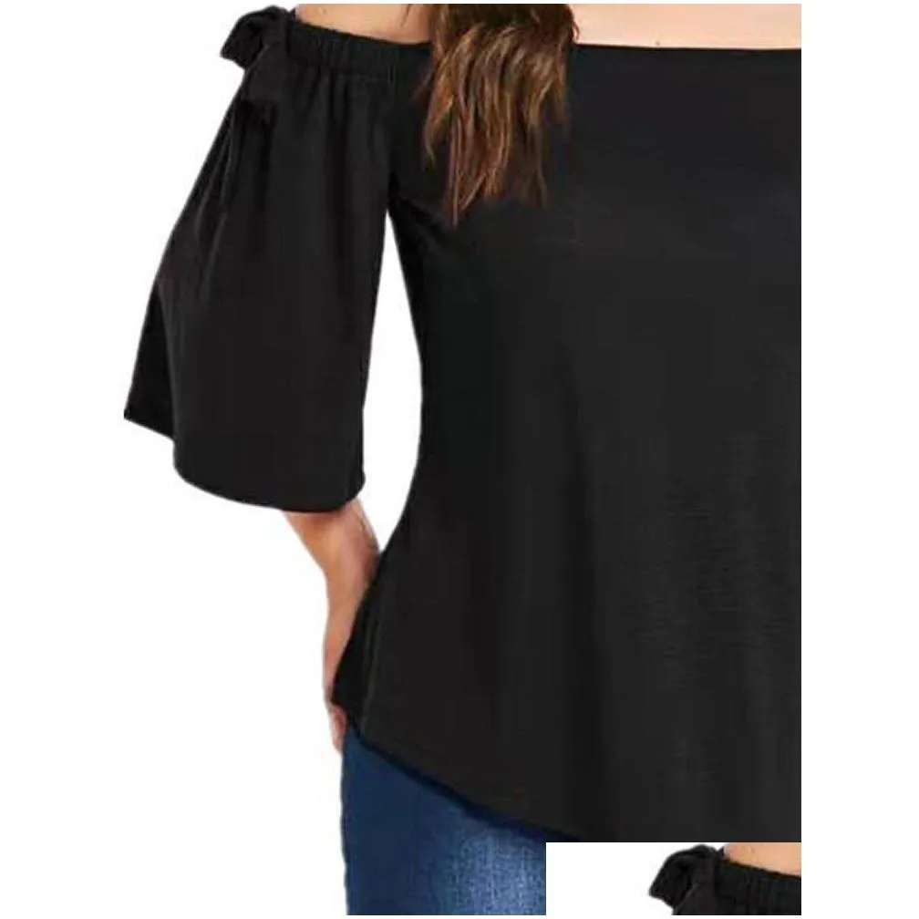 elegant and Youth Women`s Black Summer Blouses Casual Plus Size Spaghetti Strap Bare Shoulder T Shirts with Bow Cott Plus Size h3VJ#