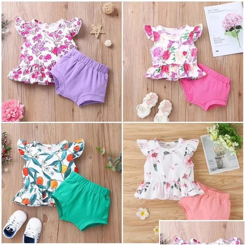 Clothing Sets Summer 2pcs Baby Girl Clothes Set Flower Print Ruffles Flying Sleeve Tops Pink Briefs Breathable Outfit 0-18M