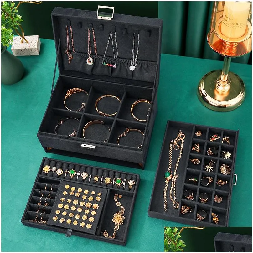 Jewelry Boxes We Oversized 3-Layes Black Flannel Box Boite A Bijou Organizer Necklace Earring Ring Storage For Drop Delivery Dht6K