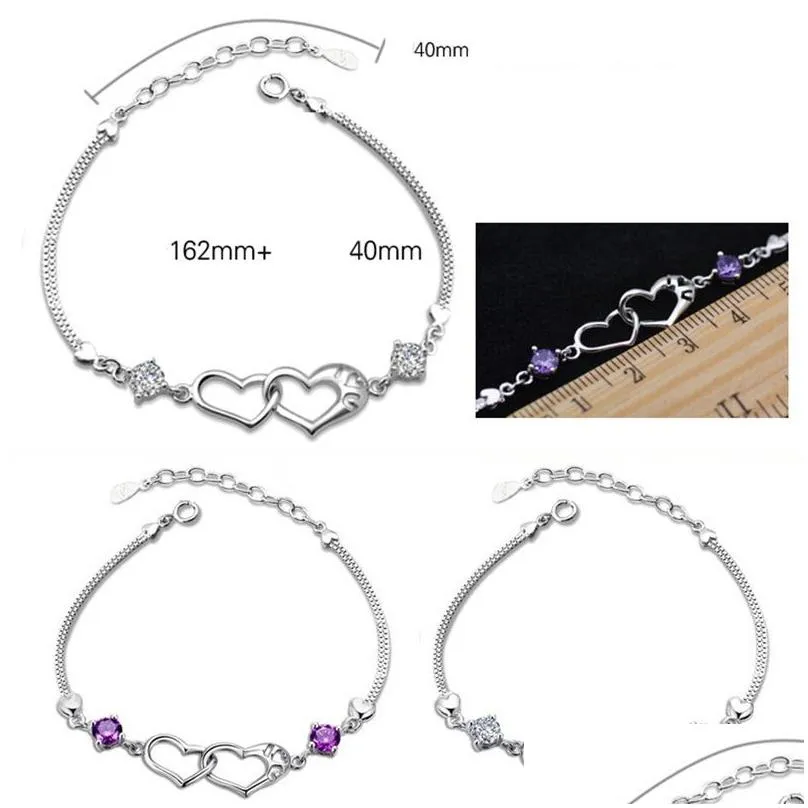 s925 stamped bracelets double heart 925 sterling silver charm fashion crystal diamond chain bracelet jewelry for women girls lady