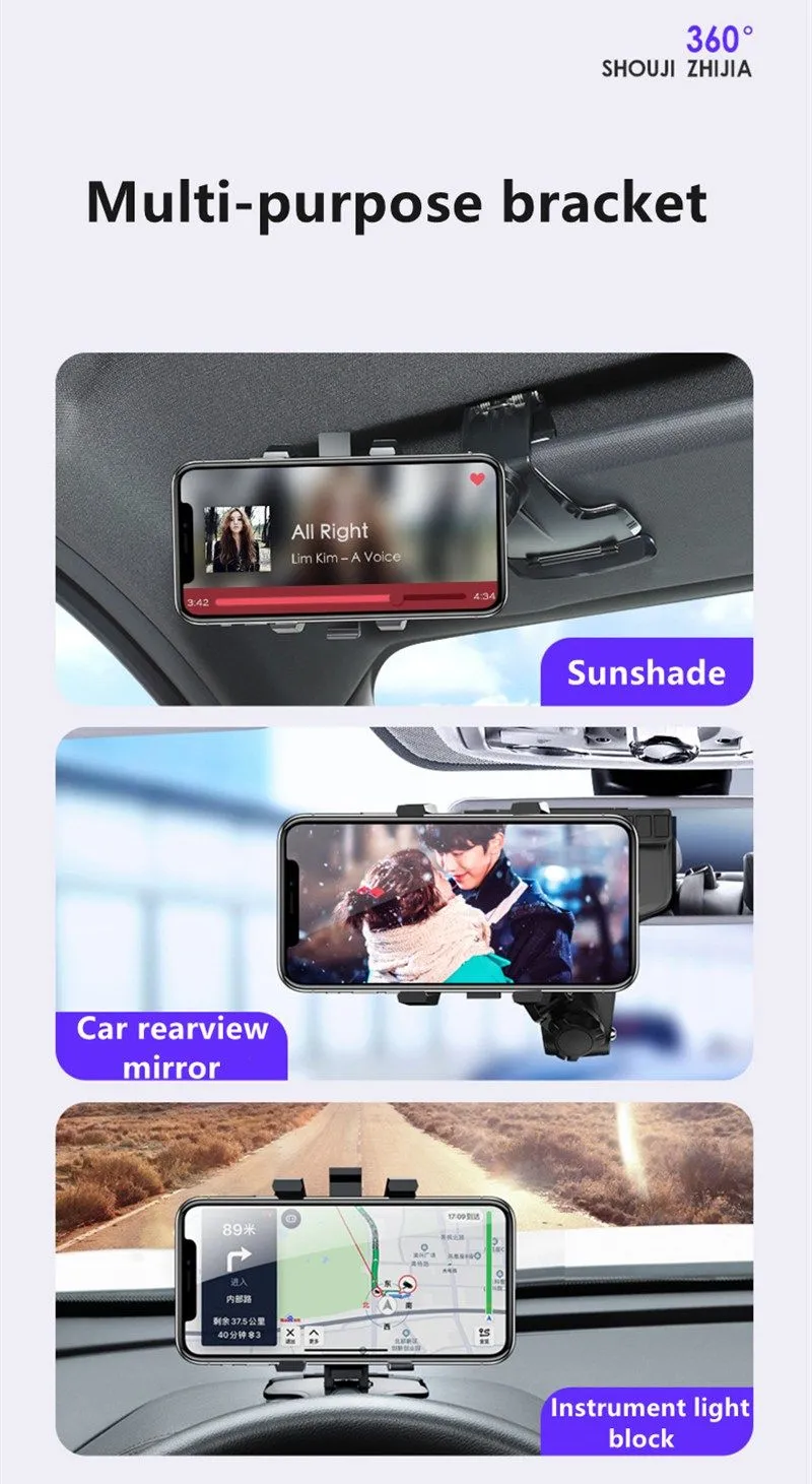New Car Phone Holder 1200 Degree rotation rearview mirror Sun Visor dashboard GPS mobile navigation Bracket With Parking Card8423804