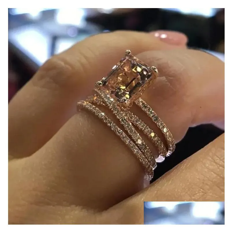 Fashion Multilayer Morganite Rings Rose Gold Color Wedding Jewelry Champagne crystal stone Ring Bague for Women Mother days Gifts