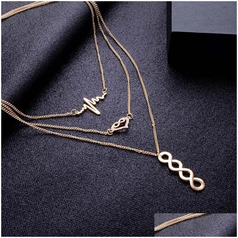 multi-layer necklace electrocardiogram collar lucky 8 tassel chain necklace