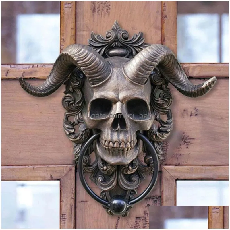 Decorative Objects & Figurines Resin Punk Satan Skl Sheep Head Ring Statues Wall Hanging Decoration Home Door Knocker Interior Object Dhjdd