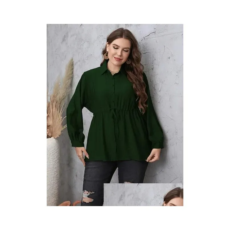 causal Shirt for Women Turn Down Collar Lg Sleeve Butt Up High Elastic Waist Tops 2023 Office Lady Plus Size Blouses o5If#