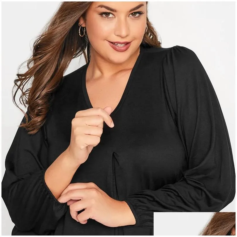 Tops Plus Size Long Sleeve Spring Autumn Elegant Swing Top Women Pleated Front Loose Black Tunic Large Size Casual Blouse 6XL 7XL 8XL