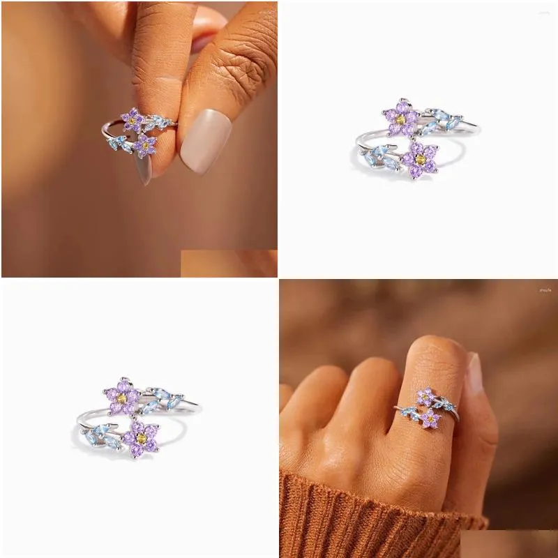 Cluster Rings Exquisite Flower Leaf For Women Cute Romantic Zircon Jewelry Fashion European American 925 Silver Ring Girl Gift KOFSAC