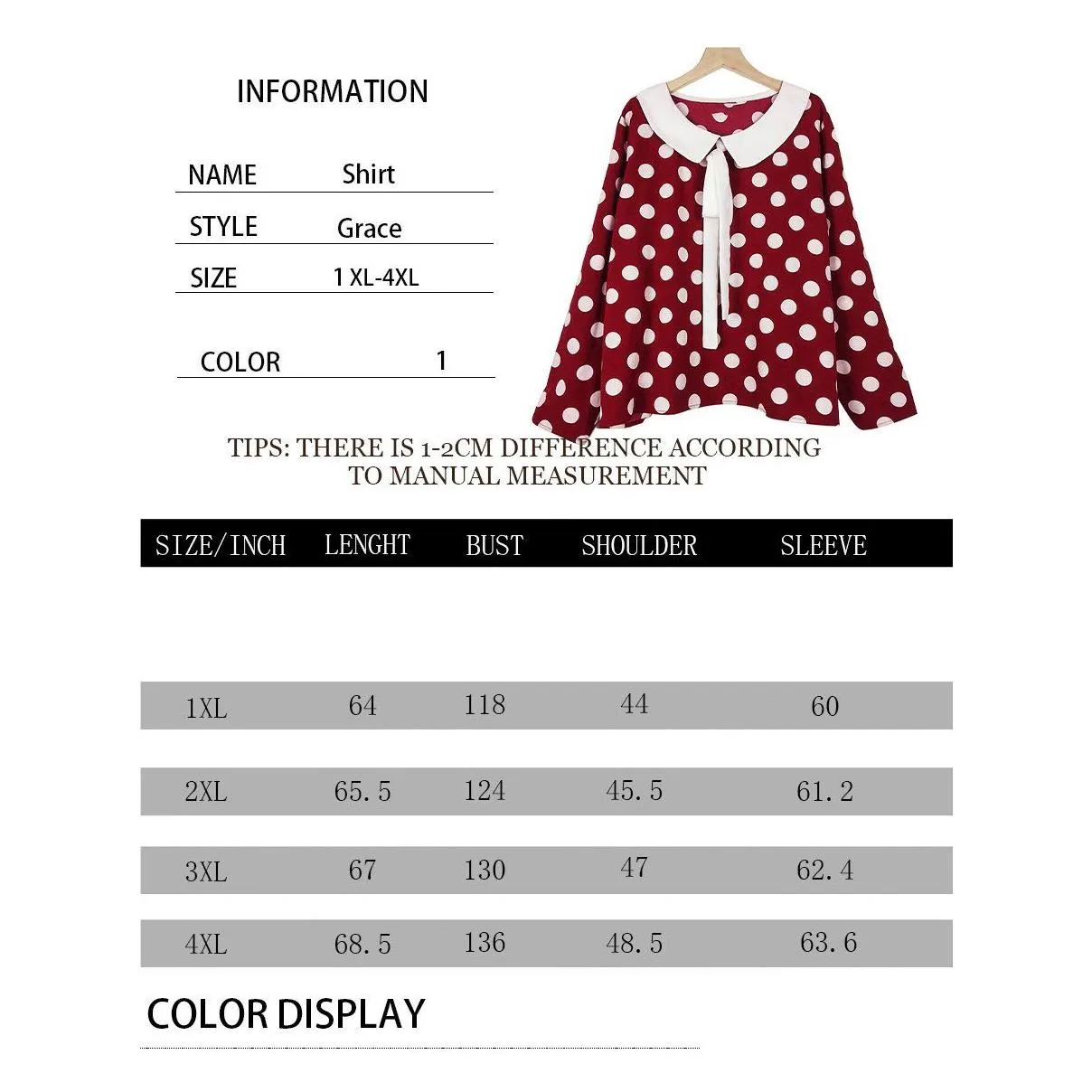 finjani Women`s Plus Size Blouse Polk Dot Print Lace Up Frt Top Doll Collar Lg Sleeve Clothing For Autumn W8XF#