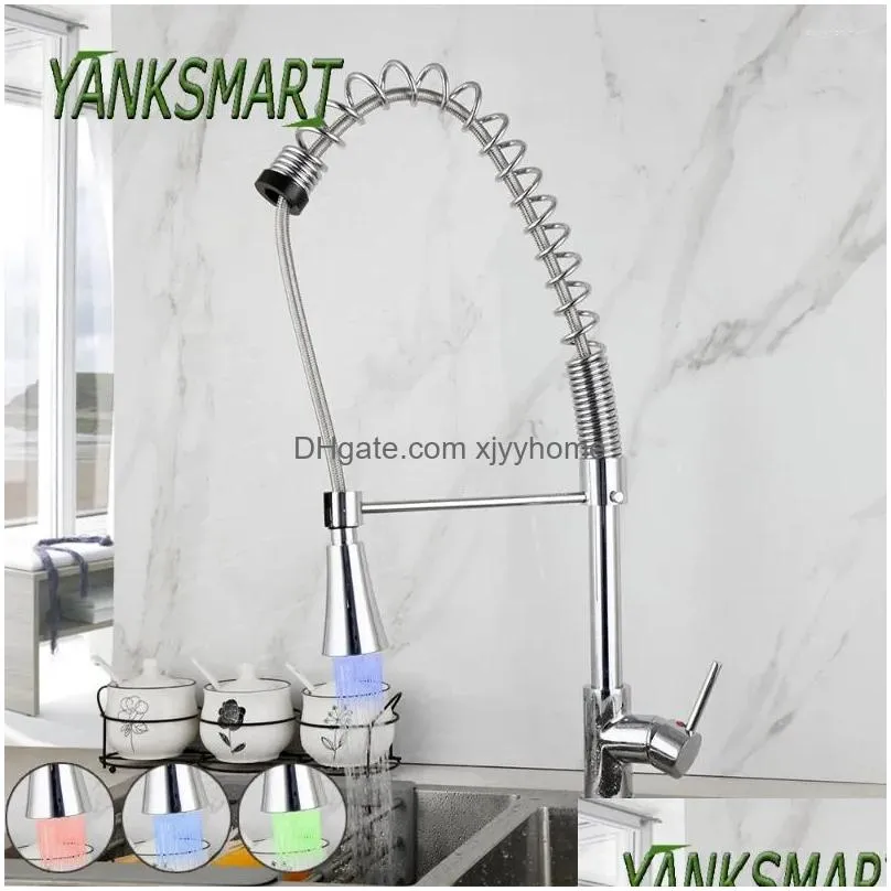 Kitchen Faucets Yanksmart Chrome Polished Spring Faucet Pl Out Sprayer Dual Spout Sink Mixer Water Tap Single Handle Cuisine Drop Del Dhg3T