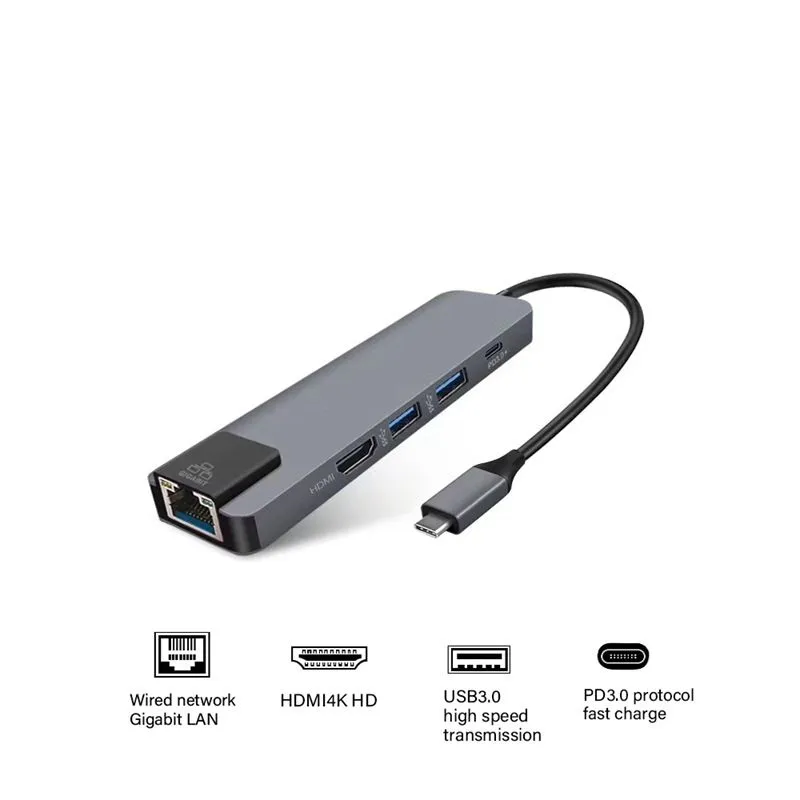 usb c to hdmi+usb3.0+rj45+pd adapter 5 in 1 multi port gigabit lan support 4k aluminum alloy dock hub station